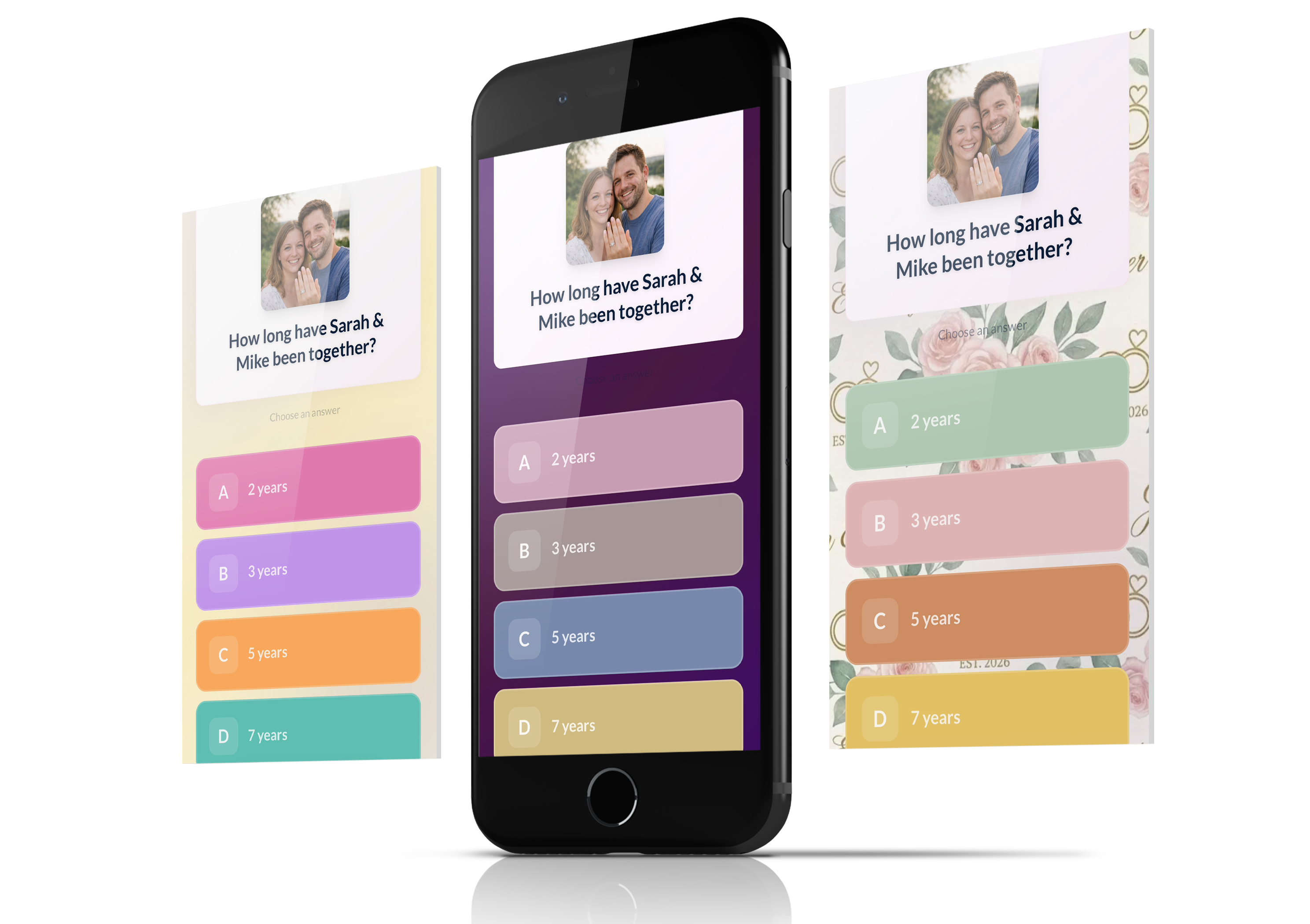 Three phone screens showing My Corporate Trivia with different custom corporate themes